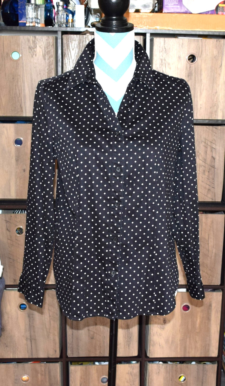 Chicos NWT 1 Medium 8-10 Black Polka-dot Button Up Long Sleeve Blouse Top Cotton